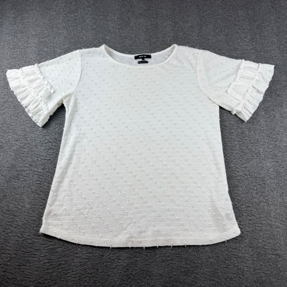 Miss Me Ruffle Sleeve Top Women's‎ Small White Clipped Dot Knit MMT0467S